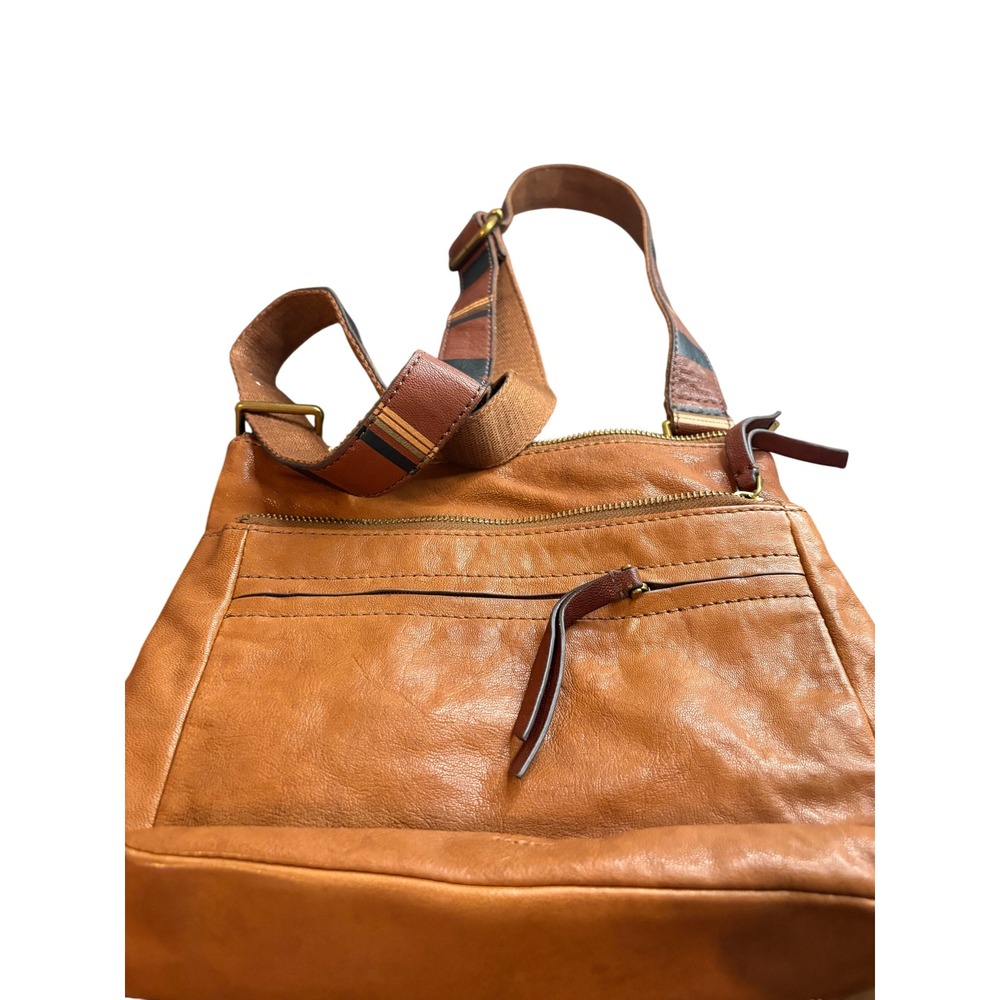 Fossil Cognac Brown Leather Crossbody Bag with Striped Webbing Strap